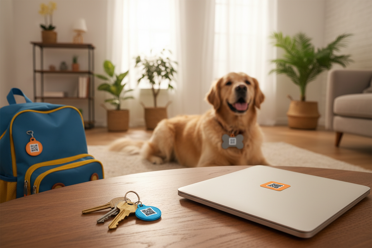 TagMind em uso - chaves, laptop, mochila e coleira de pet